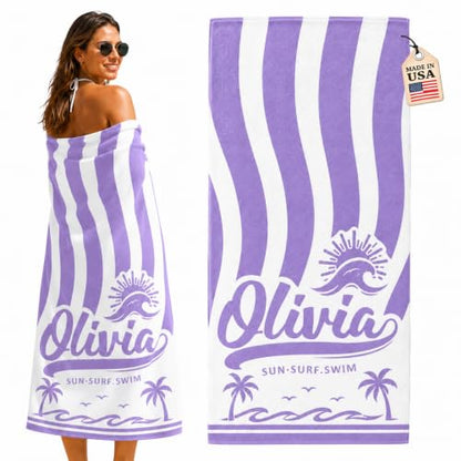 Lavender Purple Personalized Beach Towel with Names - Custom Sand-Free Pool & Vacation Wrap