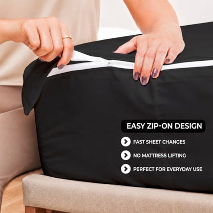 Queen Zip-On Fitted Bed Sheet Set 600 TC Egyptian Cotton Black - 18" Deep