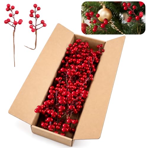 Artificial Red Berry Stems for Christmas Decorations, 6.5 Inch Holiday Wreaths & Arrangements - 40 Pack