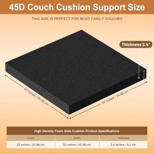 Black 22x22x2.4 Inch Couch Cushion Support Foam 45D for Sagging Sofas - 3 Pieces