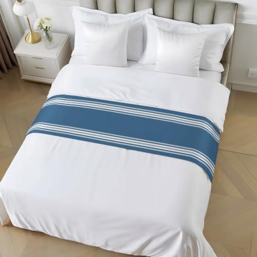 94x20 Inch Blue White Striped Bed Runner for King Bed Decorative Throw