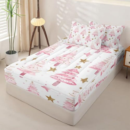 Pink Christmas Tree Comforter Set Twin with Zipper Bedding - Feelyou Pink Gold Variation