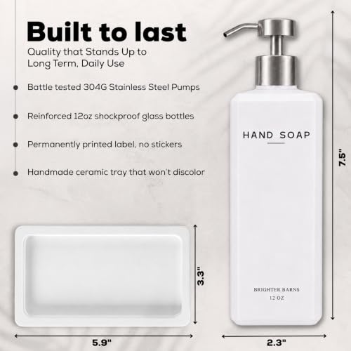White Glass Hand and Dish Soap Dispenser Set with Pump & Tray - 12oz Kitchen Decor