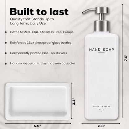 White Glass Hand and Dish Soap Dispenser Set with Pump & Tray - 12oz Kitchen Decor