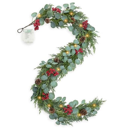 6FT Christmas Garland with Lights - Artificial Pine Cypress Eucalyptus & Red Berries, Style 2