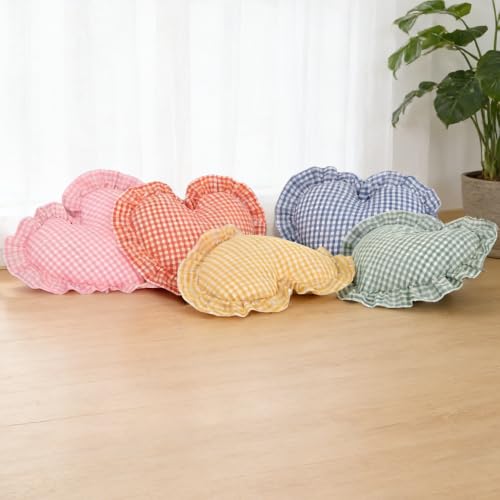 Coffee White Checkered Heart Pillow with Ruffle - Gingham Love Cushion for Sofa Bed Decor