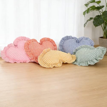Coffee White Checkered Heart Pillow with Ruffle - Gingham Love Cushion for Sofa Bed Decor