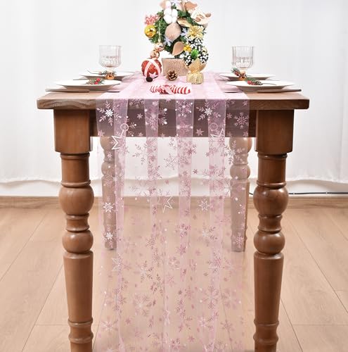 Pink Snowflake Table Runner 28x120 Inches Glitter Winter Decor Set of 4