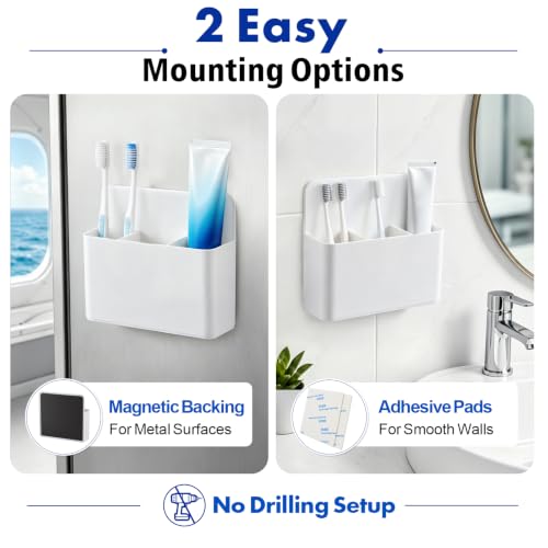 AgePlace White Magnetic Toothbrush Holder for Cruise Bathrooms - Wall Mount with Dividers