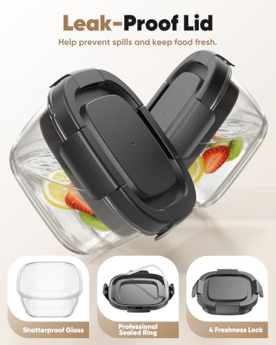 Black Glass Salad Container 56oz with Airtight Lid and Toppings Tray