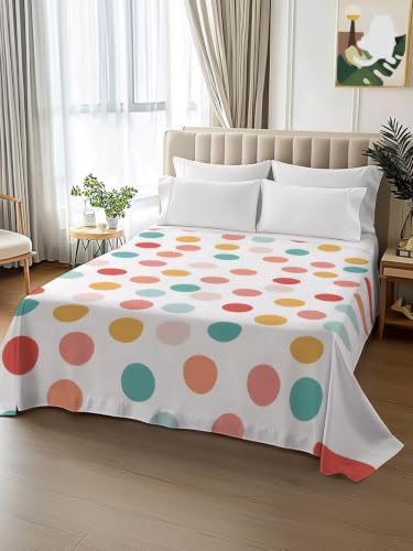 Full Size Flat Sheet - Colorful Polka Dot Microfiber Bedding, Watercolor Dots, Breathable & Easy Care - Terracotta / Full