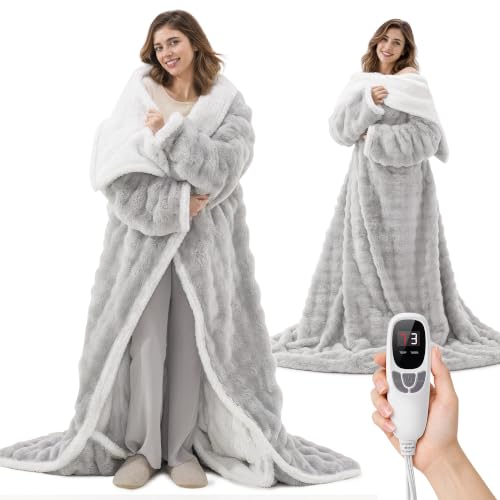 Wearable Heated Blanket with Foot Pocket - Light Grey Bubble - 50x70"