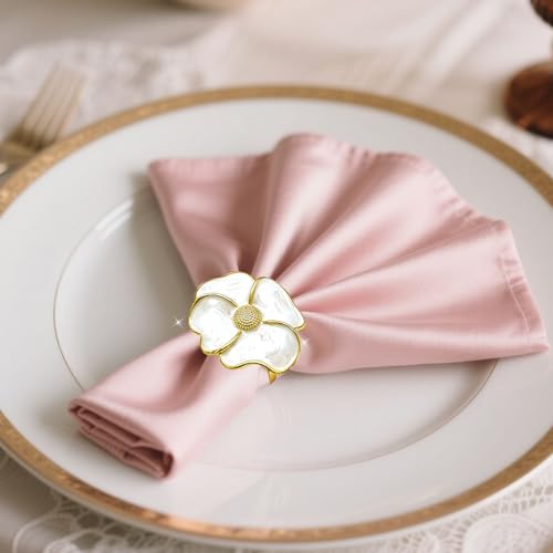 Camellia Flower Napkin Rings Set of 6 - White & Gold Elegant Table Decor