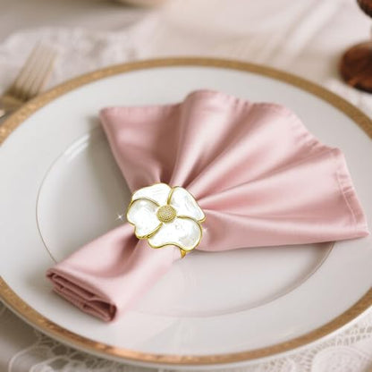 Camellia Flower Napkin Rings Set of 6 - White & Gold Elegant Table Decor