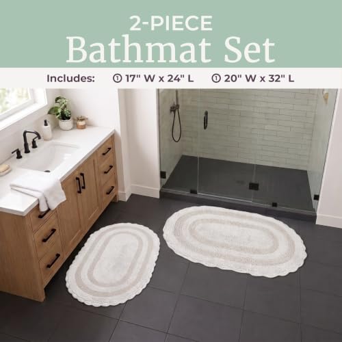 Ivory Reversible Bathroom Rug Set - 2-Piece Cotton Bath Mats, 32x20 & 24x17 Inches