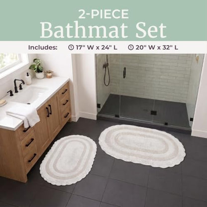 Ivory Reversible Bathroom Rug Set - 2-Piece Cotton Bath Mats, 32x20 & 24x17 Inches
