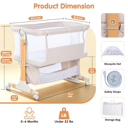 4-in-1 Baby Bassinet Bedside Crib with Mosquito Net & Adjustable Height - Beige
