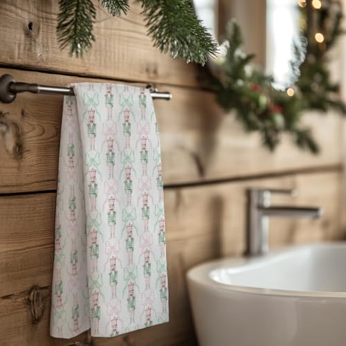 Kemingni Pink and Green Christmas Kitchen Towels Set of 4 - Holiday Hand Towels with Nutcracker & Gingerbread Design, 16x24 Inches, Color 05
