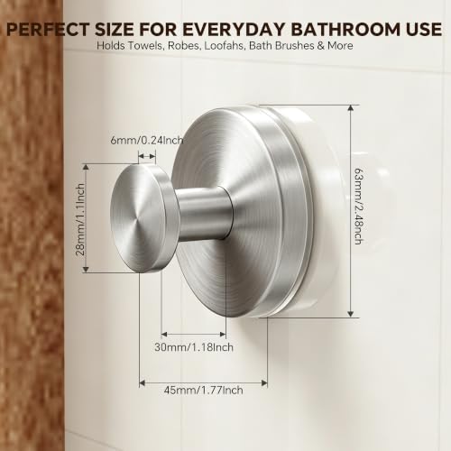 Brushed Silver 4 Pack Suction Cup Hooks for Bathroom No Drill Towel & Robe Hangers