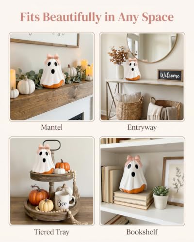GoGnome Halloween Ghost Pumpkin Figurine - Pink Bow White Resin Fall Decor