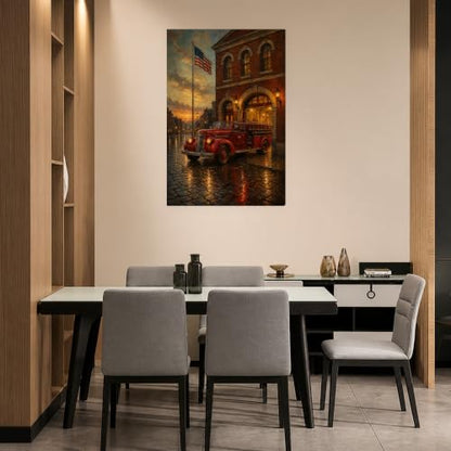 Vintage Fire Station Patriot Wall Art Canvas - American Flag Oil Painting, 20x30 Inches