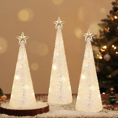 Lewondr LED Glass Christmas Tree Set - White Glitter Beads, 3PCS Variation White