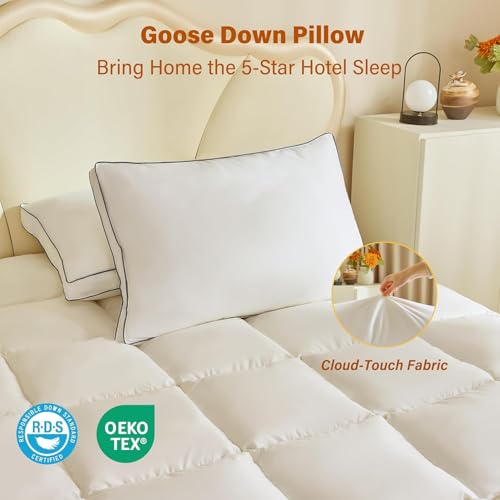 Queen Size Goose Down Fiber Pillow Set of 2 - White, Supportive & Fluffy