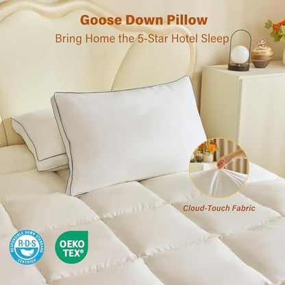 Queen Size Goose Down Fiber Pillow Set of 2 - White, Supportive & Fluffy