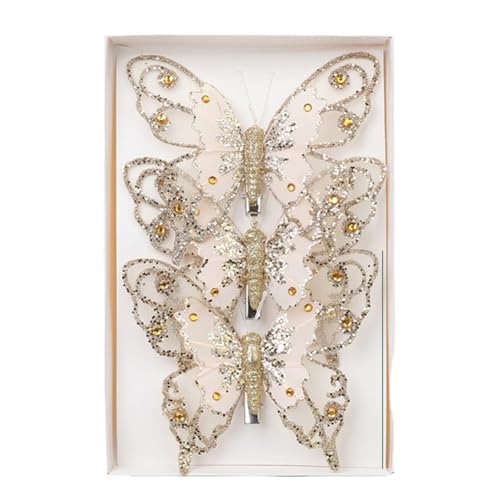 Glitter Butterfly Christmas Tree Ornaments 3-Pack with Clips - Golden Holiday Decor