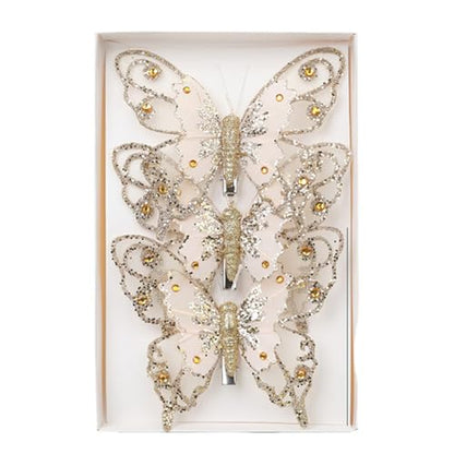 Glitter Butterfly Christmas Tree Ornaments 3-Pack with Clips - Golden Holiday Decor