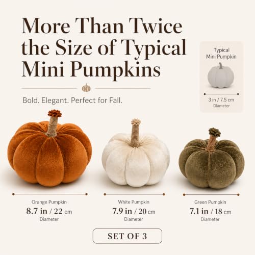 Velvet Pumpkin Set of 3 - Handmade Fall Decor for Home, Rustic Thanksgiving Centerpiece, Autumn Harvest Mantel Shelf Decorations, Orange Ivory Sage Green