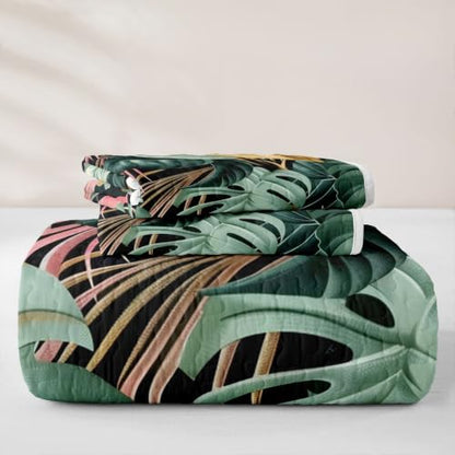 Castle Fairy Colorful Palm Leaf Quilt Set Queen Size Tropical Bedding with Pillow Shams - Green Pink Gold