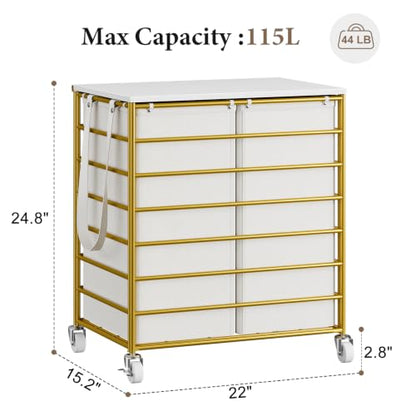 Double Laundry Hamper with Wheels and Lid - 115L Gold Rolling Basket