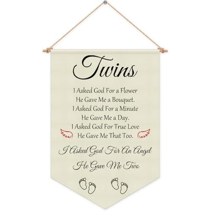 Twin Baby Room Decor Hanging Banner - Nursery Wall Sign for Twins Girl Boy