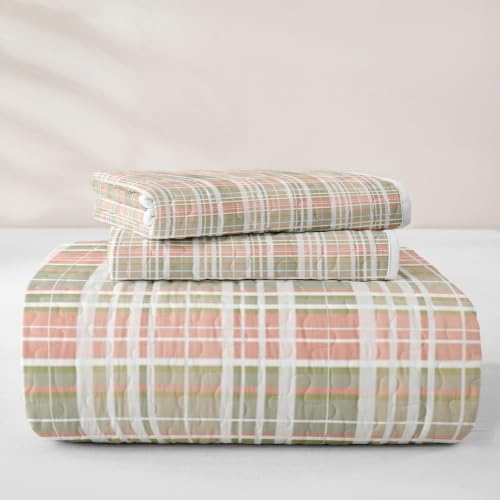 Grey Green Pink Plaid Quilt Set Full Bedding - Geometric Checkered Kids Bedspread