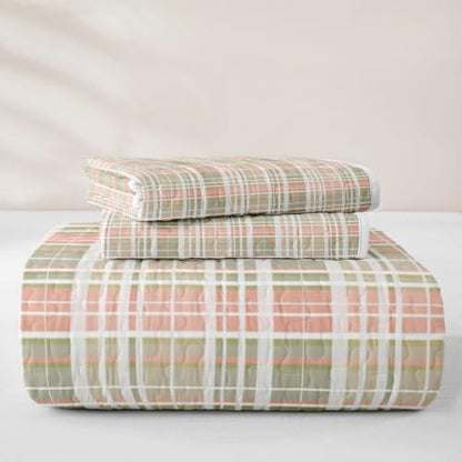 Grey Green Pink Plaid Quilt Set Full Bedding - Geometric Checkered Kids Bedspread