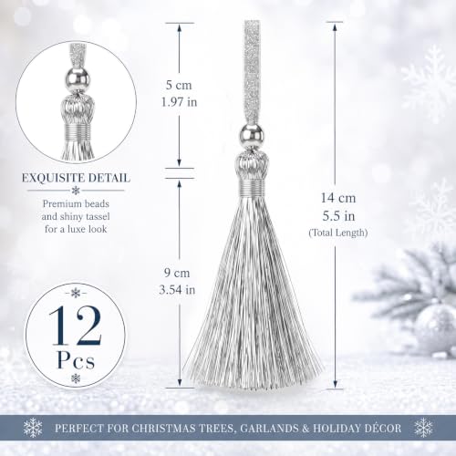 Silver Christmas Tinsel Tassel Ornaments - 12 Pack Holiday Tree Decor