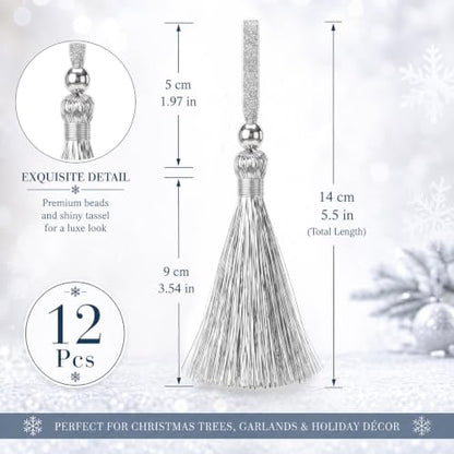 Silver Christmas Tinsel Tassel Ornaments - 12 Pack Holiday Tree Decor