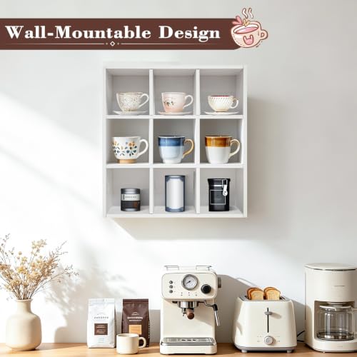 White 9-Grid Coffee Mug Wall Display Rack, Floating Organizer Shelf