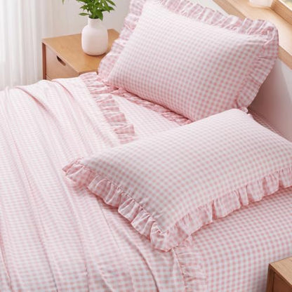 Gingham Ruffle Queen Bed Sheet Set - Pink Microfiber Plaid Bedding