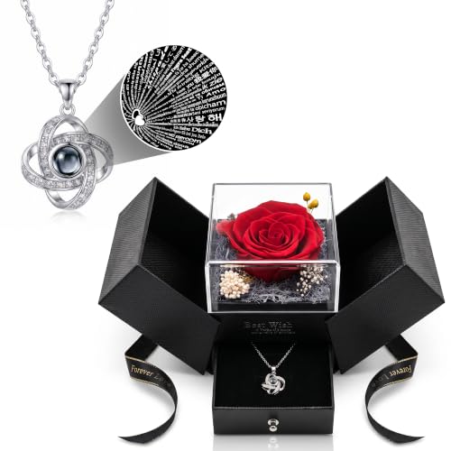Preserved Real Red Rose Gift Set with Projection Necklace - Mother's Day