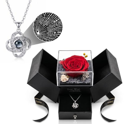 Preserved Real Red Rose Gift Set with Projection Necklace - Mother's Day