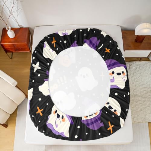 King Size Kids Ghost Bed Sheet Set with Bow Tie Pumpkin Stars Halloween Bedding - Brown