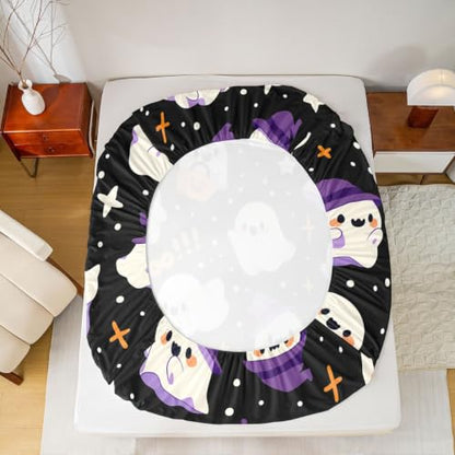 King Size Kids Ghost Bed Sheet Set with Bow Tie Pumpkin Stars Halloween Bedding - Brown
