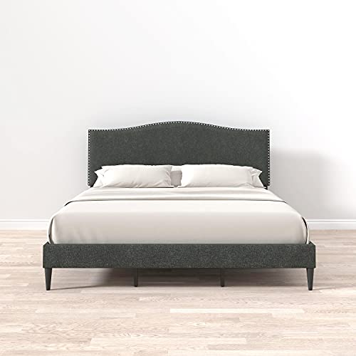 Glenwillow Home Kameli Upholstered Platform Bed Frame/Nailhead Trim Camelback/Mattress Foundation/No Box Spring Needed/Easy Assembly, Beige, Queen