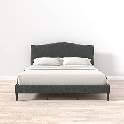 Glenwillow Home Kameli Upholstered Platform Bed Frame/Nailhead Trim Camelback/Mattress Foundation/No Box Spring Needed/Easy Assembly, Beige, Queen