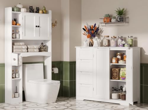 Bathroom Storage Cabinet Set - White Over Toilet & Floor Organizer
