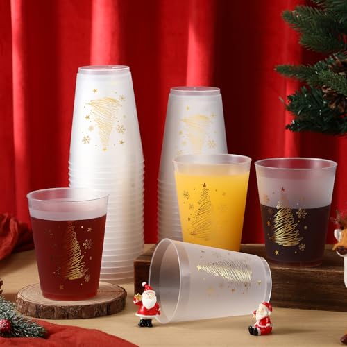 Christmas Gold Frosted Plastic Cups 16oz Set - Holiday Party Drinkware