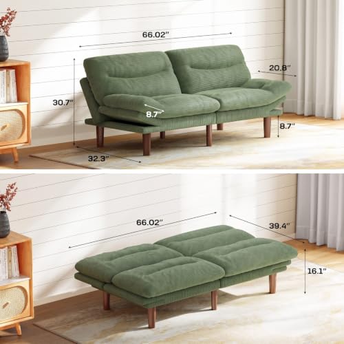 Marsail 66 Inch Futon Sofa Bed - Sage Green Convertible Couch & Sleeper