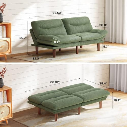 Marsail 66 Inch Futon Sofa Bed - Sage Green Convertible Couch & Sleeper